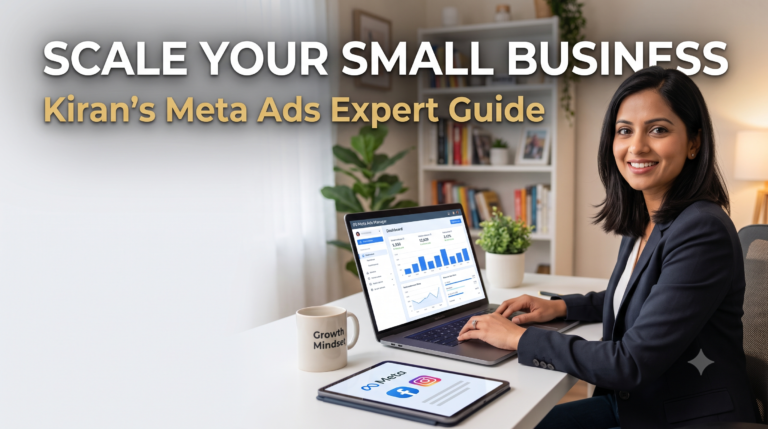 A business coach analyzing Meta Ads Manager analytics on a laptop to scale small business sales.