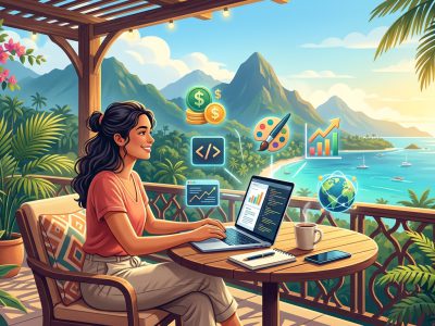 Digital nomad earning location independent income while working remotely from a tropical café with mountains and ocean view