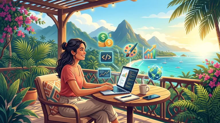 Digital nomad earning location independent income while working remotely from a tropical café with mountains and ocean view
